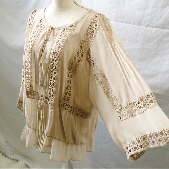 DR2 Beige Tie Neck Wide Sleeve Crochet Blouse - Picture 2 of 7